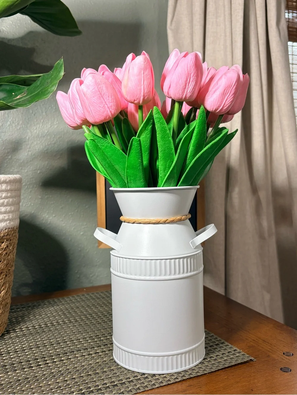 Pink Tulip Arrangement Bunny Metal Milk Can Vase Easter Spring Decor